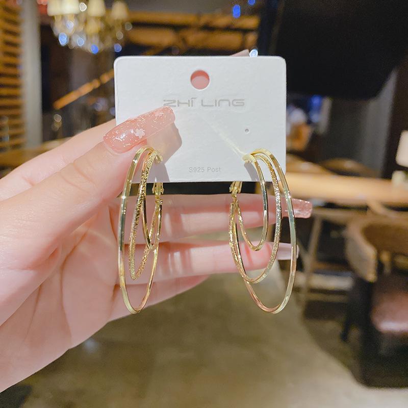 Korean Socialite Simple Metal Three-Layer Circle S925 Silver Earrings золотой