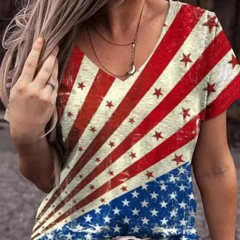 

2022 Женские футболки с принтом американского флага и V-образным вырезом Одежда Женские модные топы с короткими рукавами Спортивные футболки Уличная одежда Новые осенние коллекции 5XL