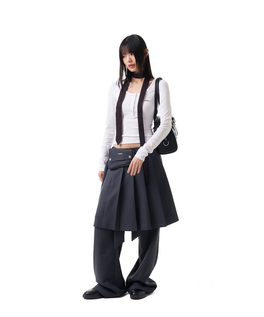 Iuga Makaras Belted Bag Pleats Midi Skirt (Dark Gray)