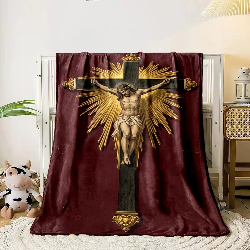 "Jesus On Cross with Radiant Gold Design Flannel Blanket for Bedroom Living Room Sofa and Nap"