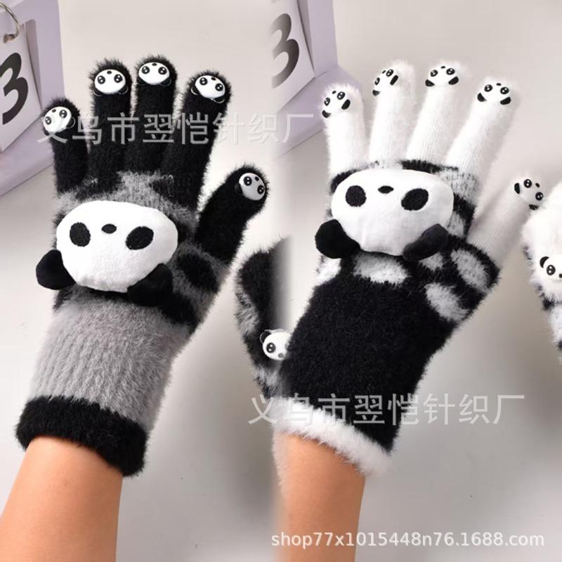Gloves women's winter open fingers thickened warm male and female students writing cold-proof plush panda antifreeze gloves