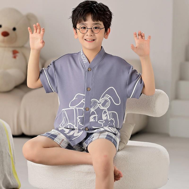 Boys Cotton Pajama Set Short Sleeve Shorts Cardigan Lightweight Sleepwear Kids 8 Years Cartoon Print