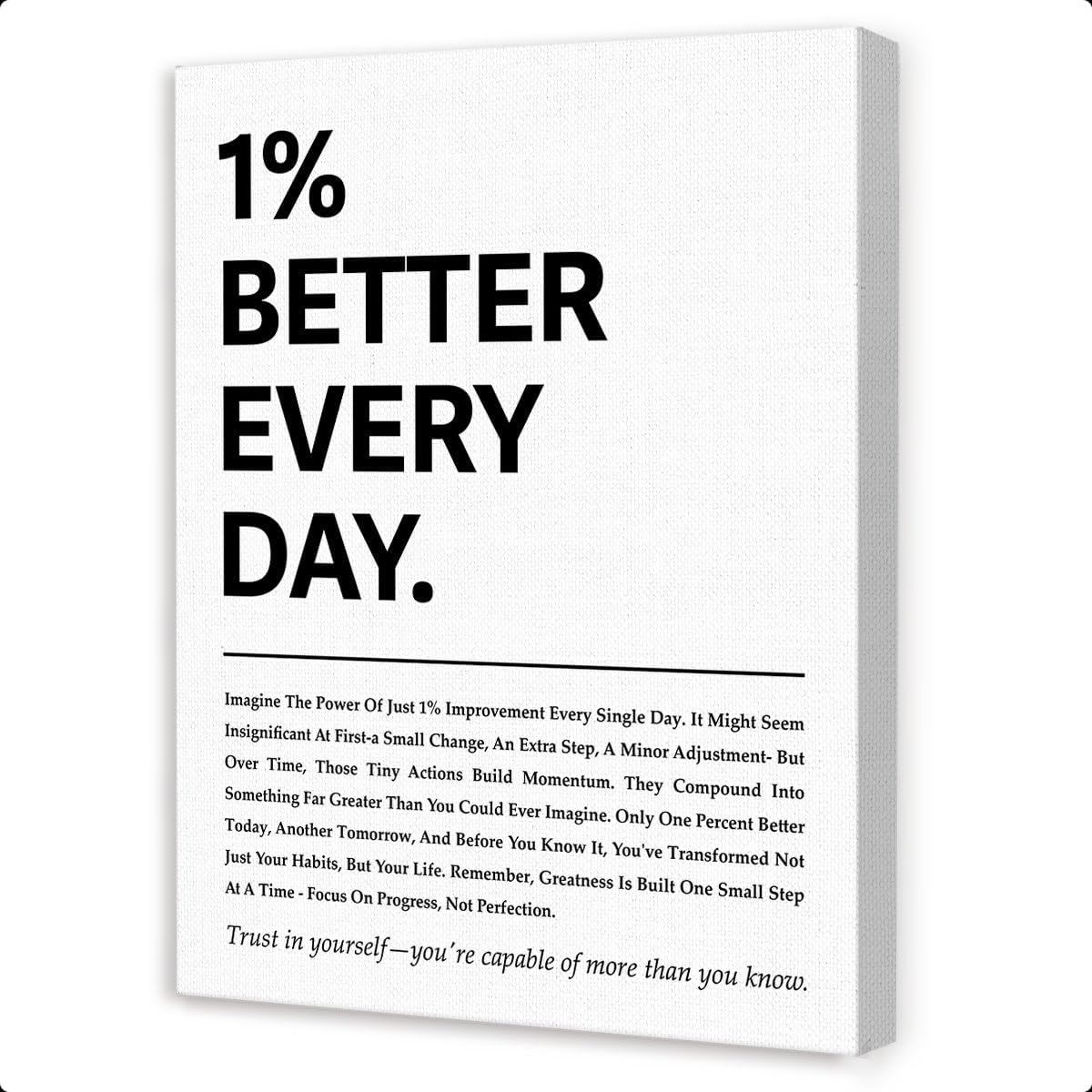 1% Better Every Day Wall Decor, White pirational Quotes Canvas Paintings Framed For Home Office Wall Art Decor 1 Better Every Day