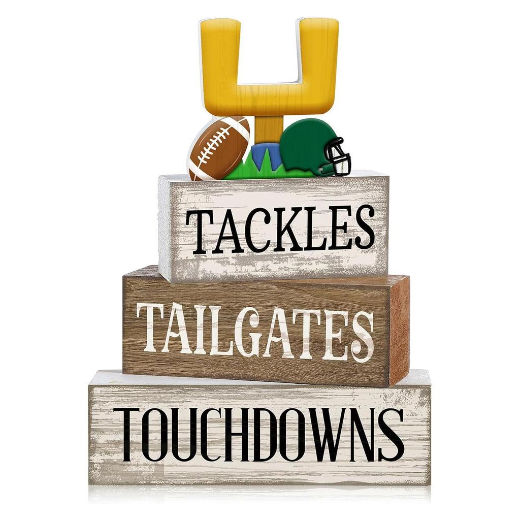 4Pcs Football Table Decorations Football Tiered Tray Decor Sport Game Centerpiece Sign Decorative Rugby Stack Block Gift for Fans Club Tailgate