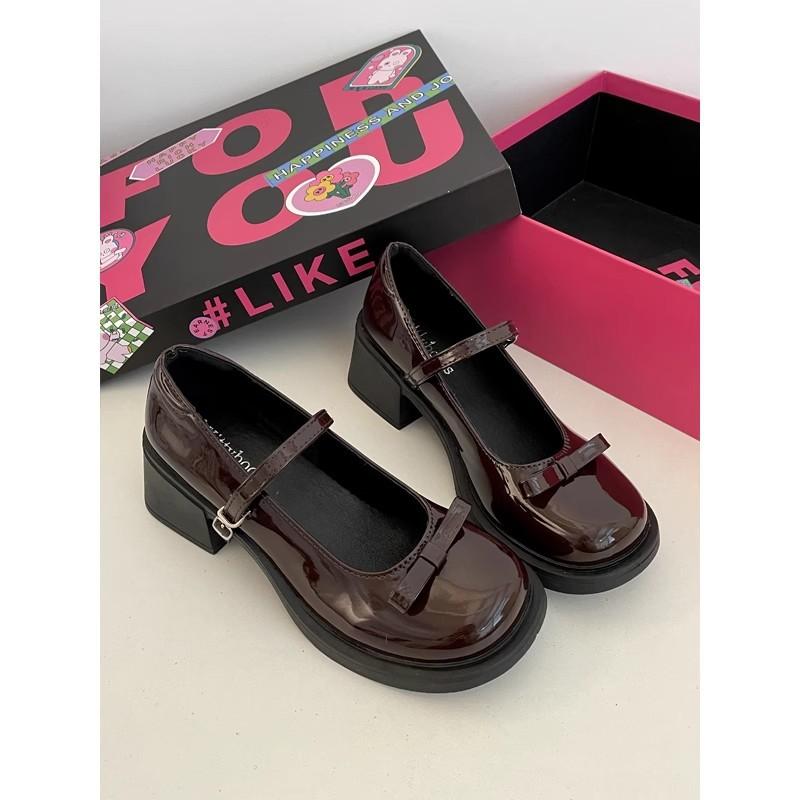 Bow Mary Jane Shoes Women's Fashion Versatile Small Leather Shoes with Skirt Single Shoes Brown