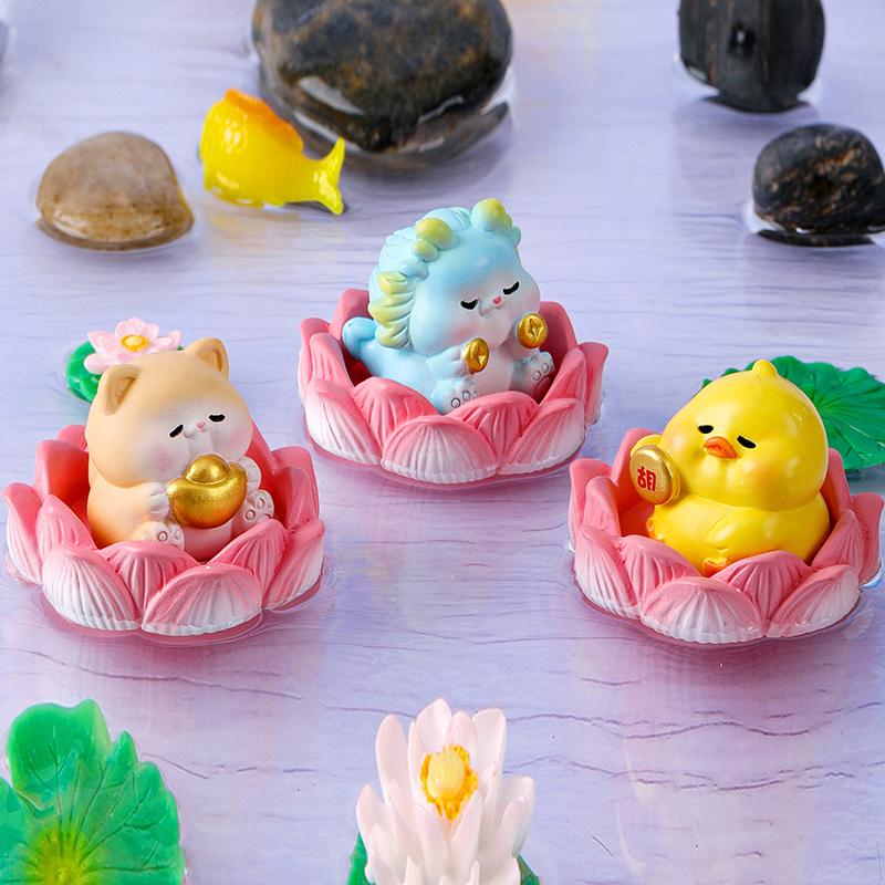 Creative Lotus Wealth Animals Miniature Figurines Cartoon Desktop Car Micro Landscape Home Ornaments Decoration Accessories Gift
