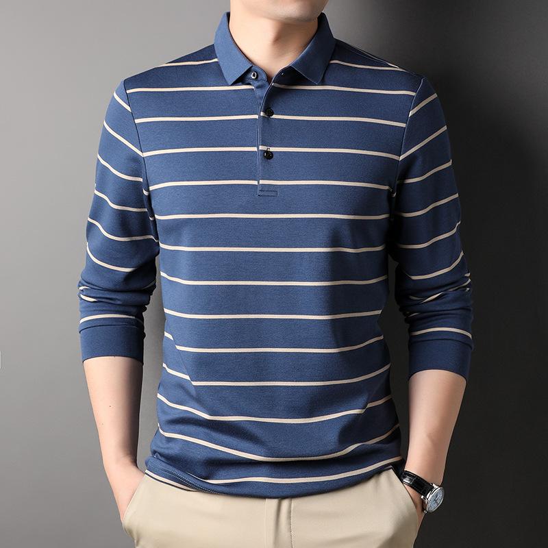 Autumn Men's Casual Long-Sleeved Lapel T-shirt Middle-Aged Leisure Striped Cotton Bottoming New Polo Shirt Men