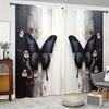 2Pcs Black Butterfly & Floral Print Curtains - Semi-Transparent Polyester, Rod Pocket Style, Soft Light Filtering For Living Roo