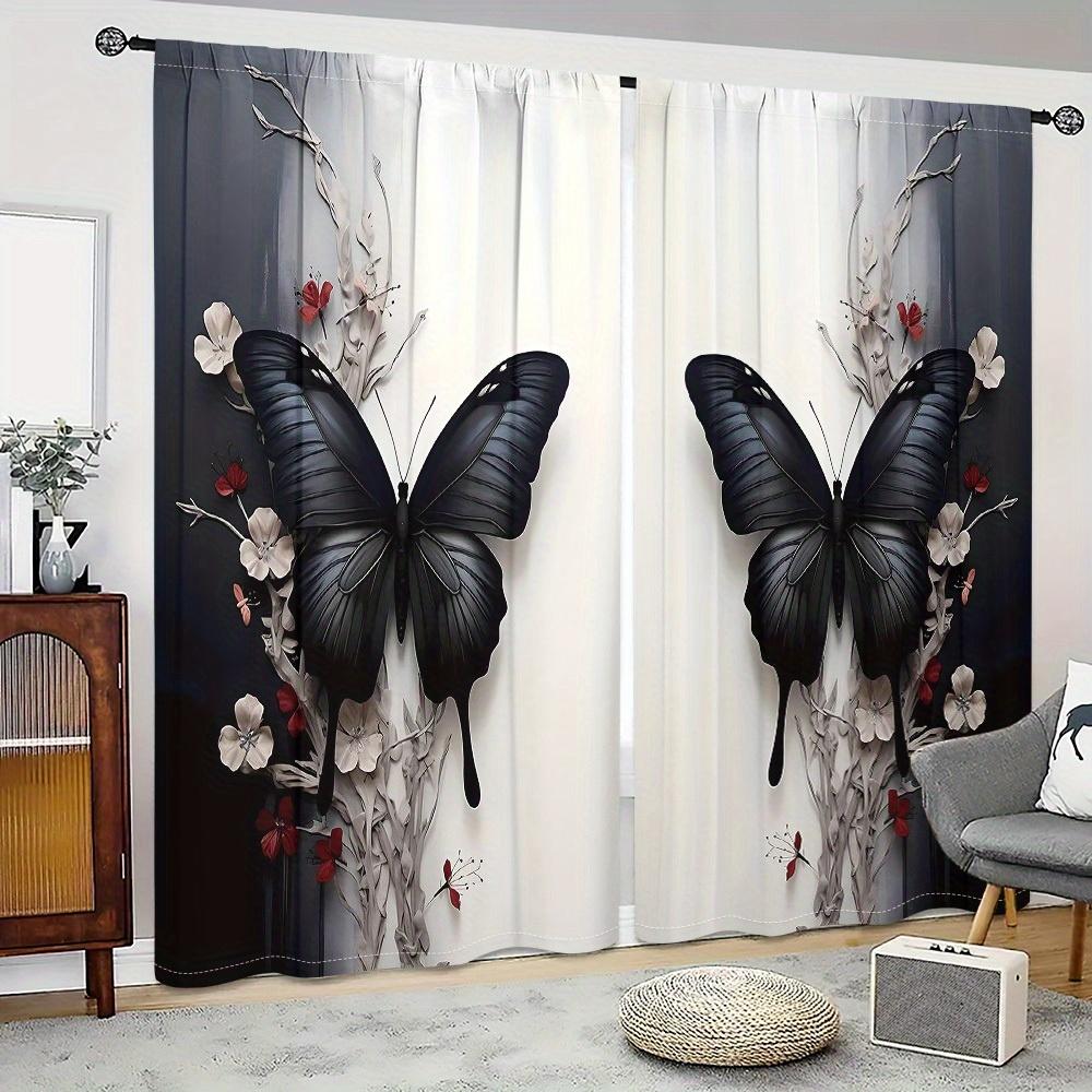 2Pcs Black Butterfly & Floral Print Curtains - Semi-Transparent Polyester, Rod Pocket Style, Soft Light Filtering For Living Roo