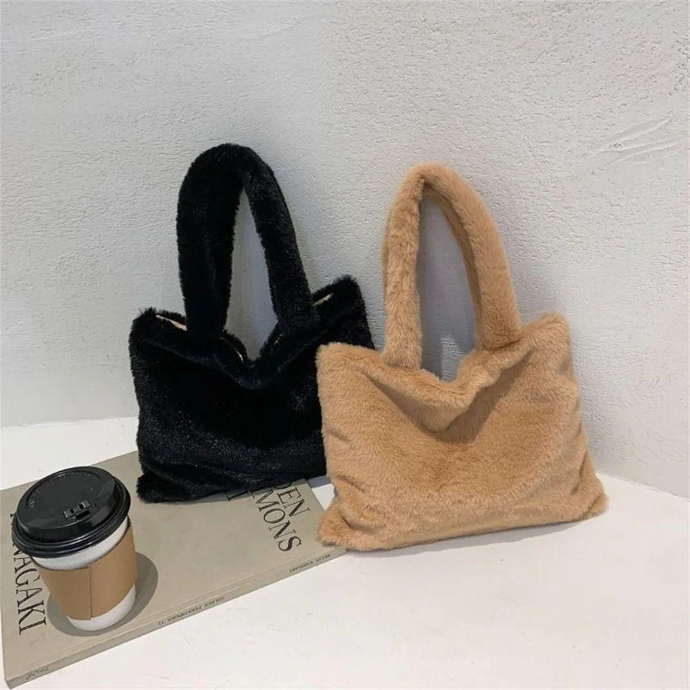 Plush Shoulder Bag Cute Hand Bag Solid Color Tote Bag  Autumn Winter