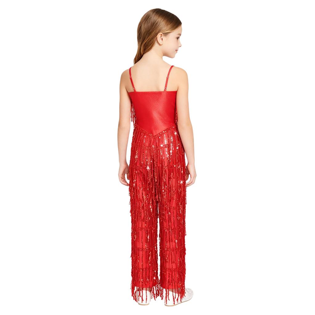 Girls Disco Latin Dance Jumpsuit Multi Layer Shiny Sequin Tassels Sleeveless Adjustable Straps Long Pants