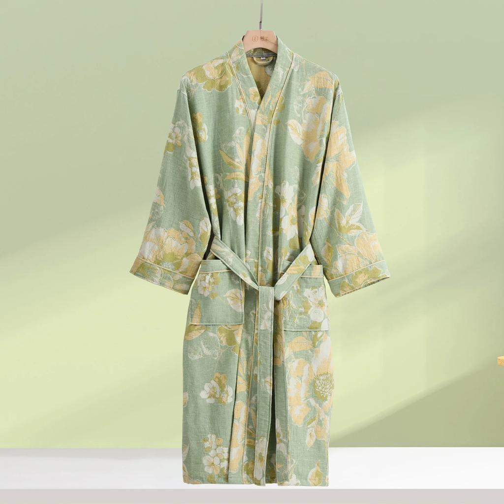 Print Flower Cotton Gauze Kimono Bathrobe Gown Female Robe Negligee Loose Home Dressing Gown Sleepwear Spring Summer Nightwear
