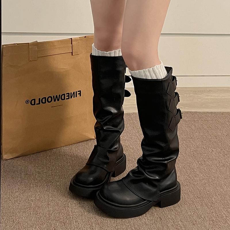 Vintage Belt Buckle Woman Knight Long Boots Fashion Pleated Low Heel Knee High Booties Botas De Inverno Feminina