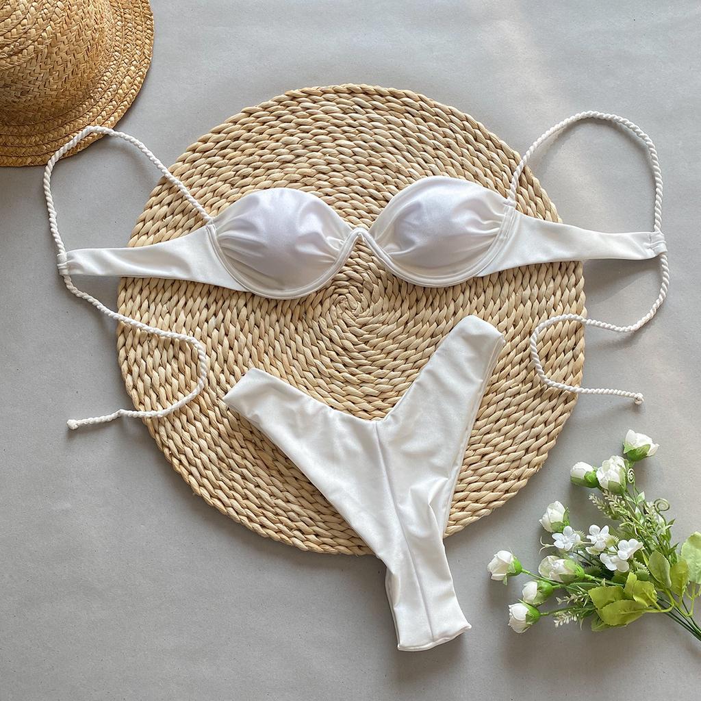Fashion Solid Wavy Low Waist Bikini Set Women Patchwork Aesthetic Sweet Swimsuit Hollow Out Two Pieces Sets Female Beach Party Suits