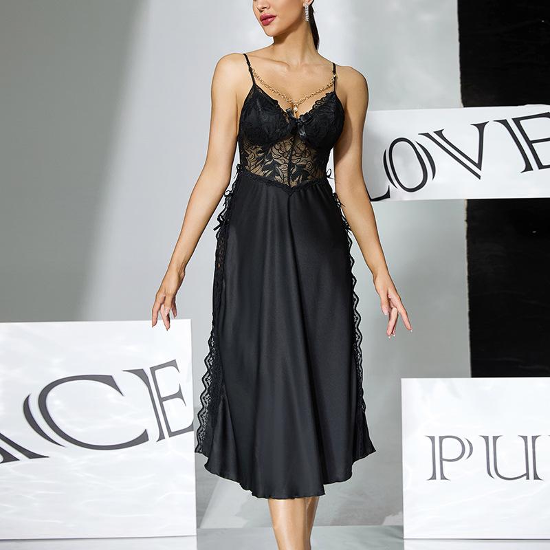 Spitzenpatchwork Nachthemd mit hohem Schlitz Eingebauter BH Langes Satin-Camisole Damen Bequeme Loungewear 979 Stützende Elegante Nachtwäsche mit schmeichelhaftem Design