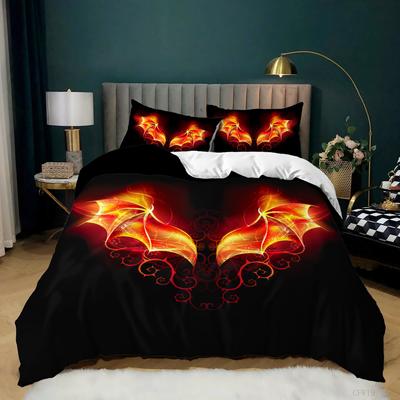 Juego de Funda Nórdica Alas de Ángel Fondo Negro Ala Naranja Brillante Estampado 3D Cubierta de Edredón Tamaño King Queen Poliéster Juego de Cama