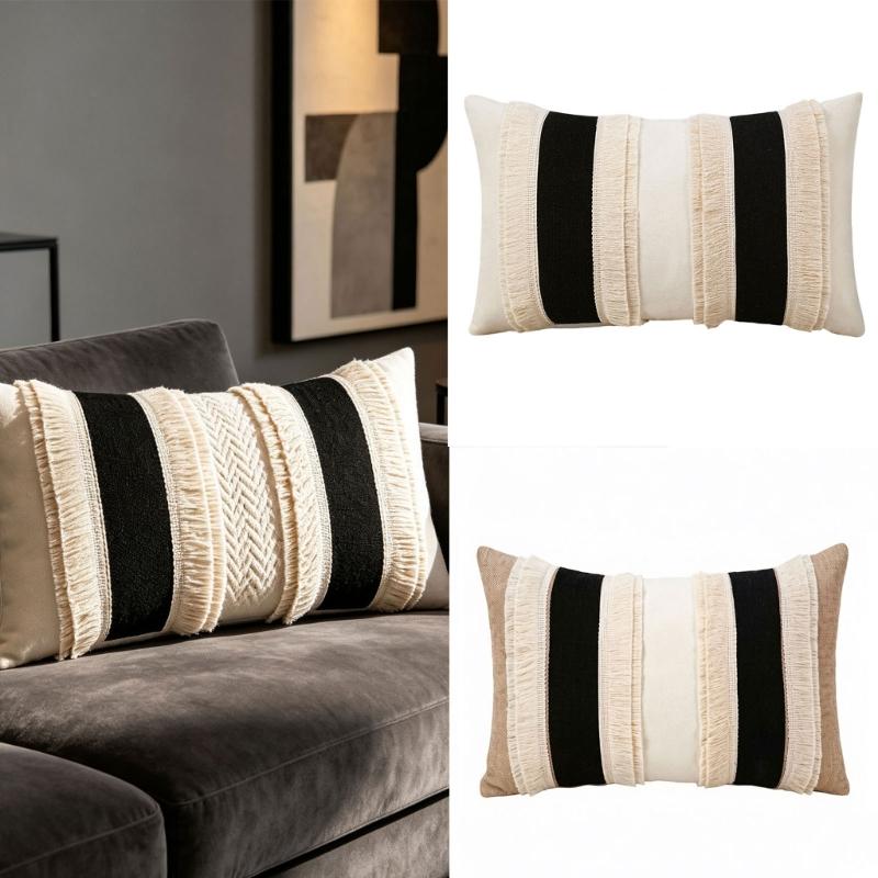 2Pcs Farmhouses Throw Pillow Cover Set, Patchwork Polyester Rectangular Shape With Fringe, 30 X 50 Cm Lumbar Cushion Covers for Home Decors
