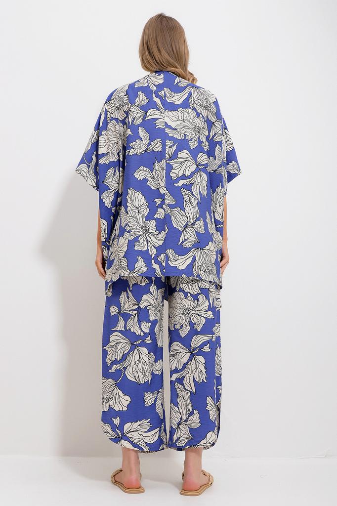 Women's Bottom-Top Set New Season Fashion Black Palazzo Trousers and Patterned Woven Viscose Kimono Set