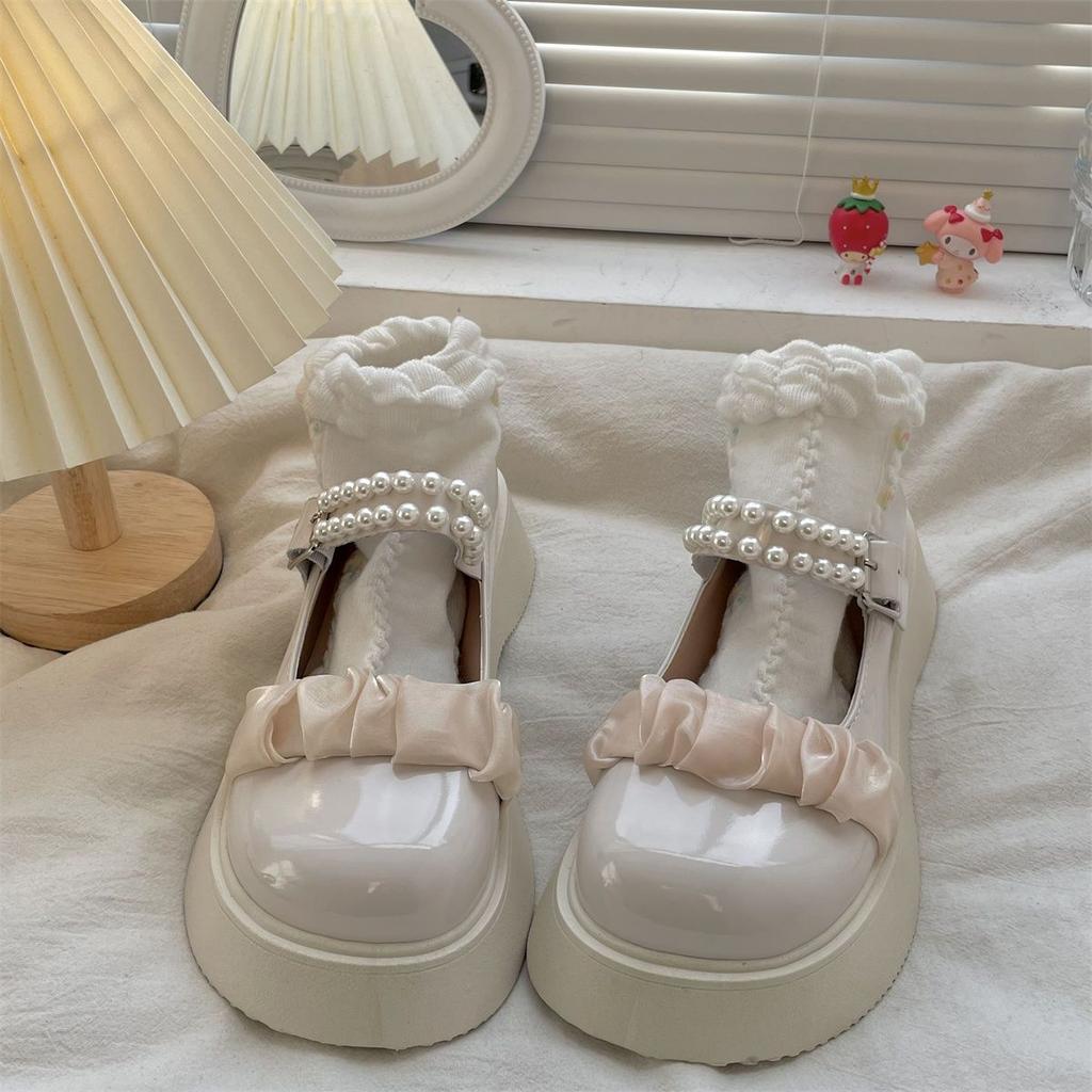 Fashion Ladies Pumps Platform Cute Women's Mary Jane Shoes Pearl Kawaii Round Toe Spring Comfortable and Elegant Non Slip Genuine Mark