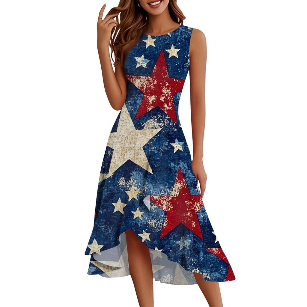 Women's Fashion Casual Zip Sleeveless Round Neck Independence Day Printed Elegant Temperament Ruffles Dress Dresses
