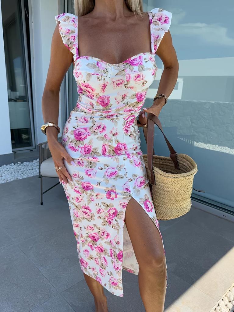 2025 Summer Elegant French Floral Slit Midi Dress
