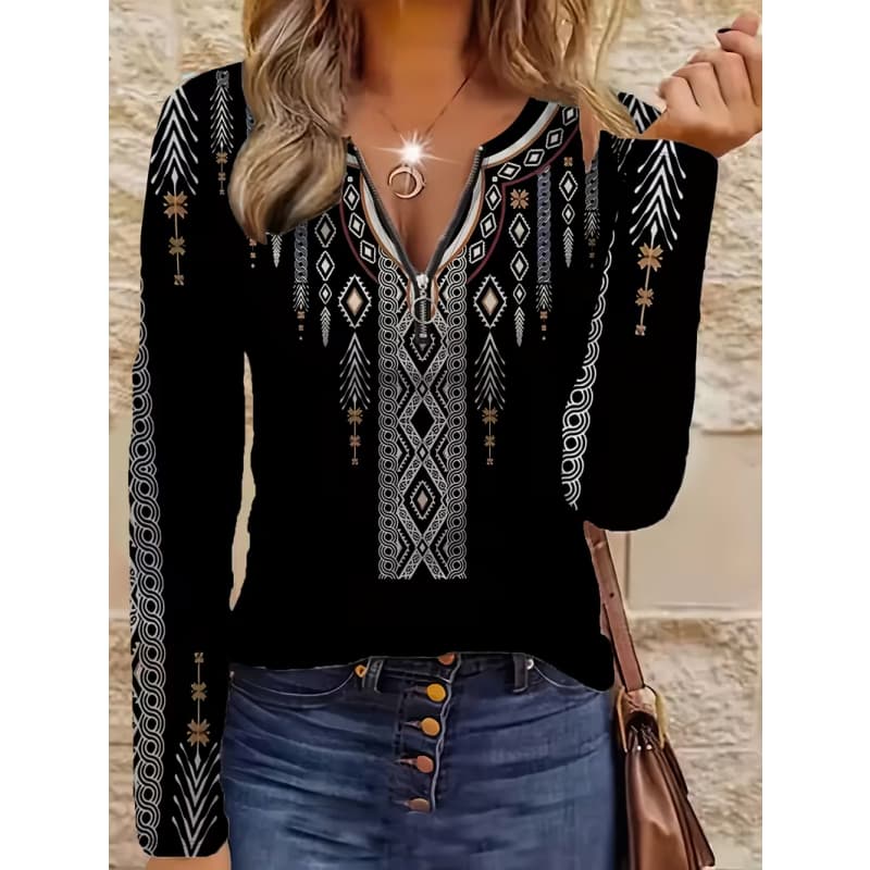 T-shirt da donna con stampa creativa, zip e maniche lunghe, traspirante, morbida e confortevole, adatta per l'abbigliamento casual tutto l'anno
