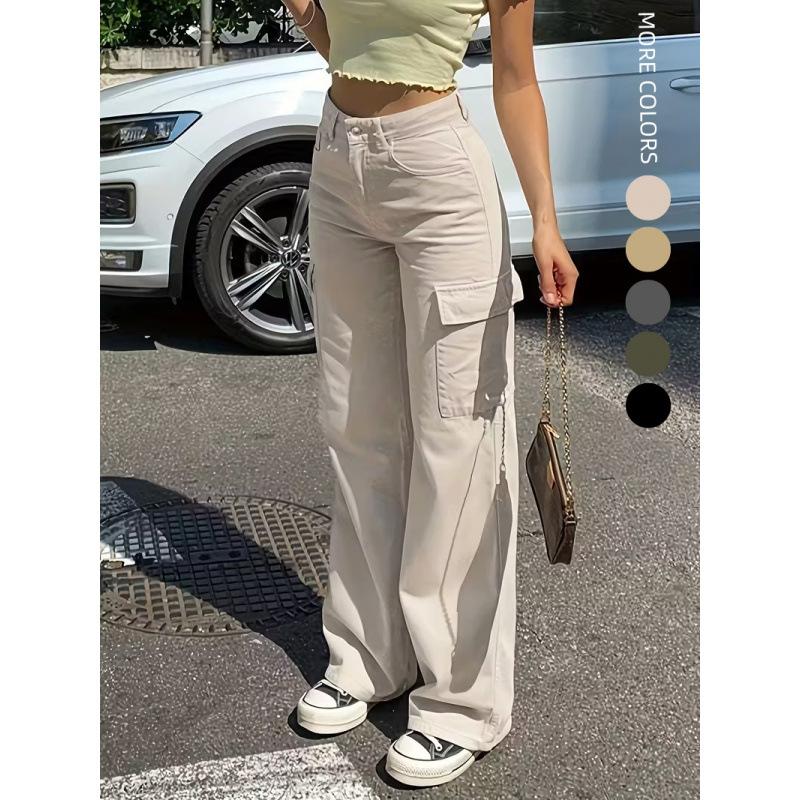 

Весенняя мода Прямые джинсы Повседневные С высокой талией Инс Уличные Карманы Рабочая одежда Свободные брюки XS абрикосовый