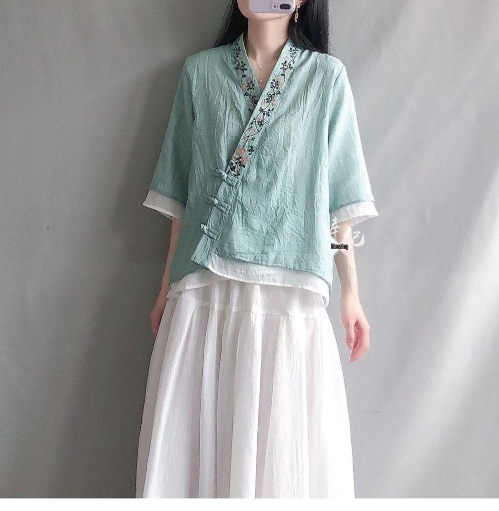 Women's Retro Cotton Linen Frog Button Top - Summer Chinese Tea Ceremony Style with Oblique Lapel and Five-Point Sleeves