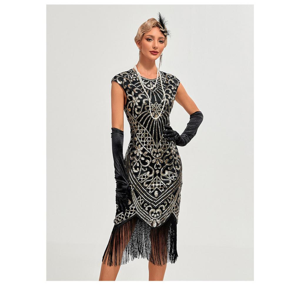 1920S Retro Ball Embroidered Fringed Dress Cocktail Party Large Size Sequined Beaded Mesh Dress