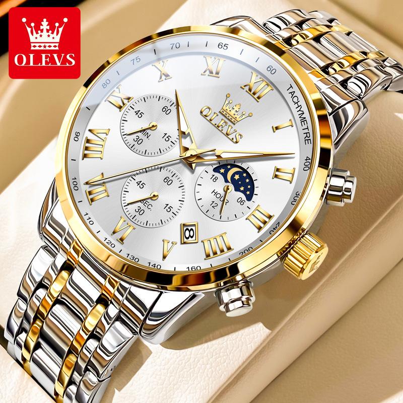 OLEVS Luxury Quartz Watch For Men Roman Scale Moon Phase Chronograph Man Watches Waterproof Luminous Calendar Wrist Watch