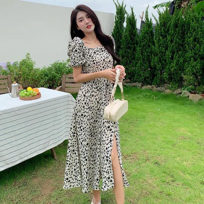 French floral dress for women, new summer high-waisted, slimming, slit, sophisticated forest-style tea break long dress S