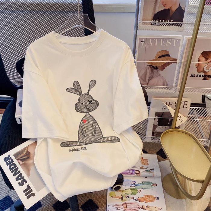 

Женская футболка с коротким рукавом из чистого хлопка с мультяшным принтом, весна-лето, трендовый бренд, свободная, повседневная, универсальная парная футболка, футболка с рукавом до локтя S белый