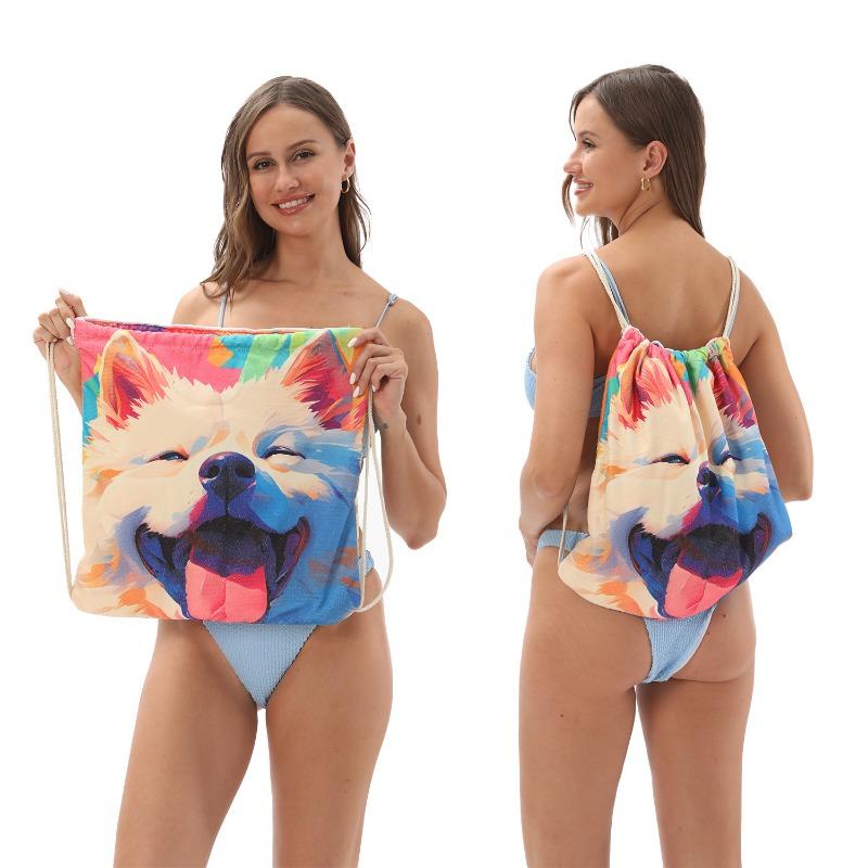 2-in-1 Foldable Beach Towel Backpack,Camping, Yoga and Travel, Absorbent Printed Bath Towel with Built-in Storage, Convertible Beach Mat Carry Bag,1pc