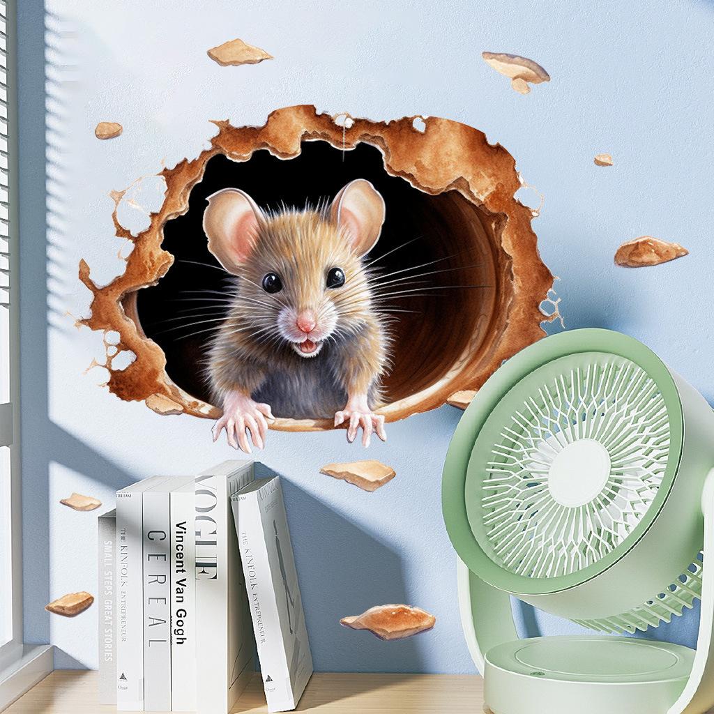 Peeking Mouse from Hole Wall Stickers, Creative Tunnel Scene Self-Adhesive PVC Decals for Kids Room Skirting Board Decoration