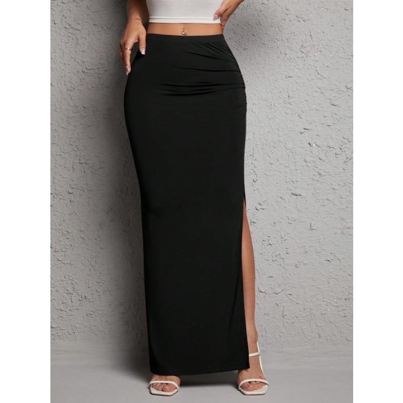 Women Solid Color Elegant Split Hip Wrap Long Casual Commute Pencil Skirt