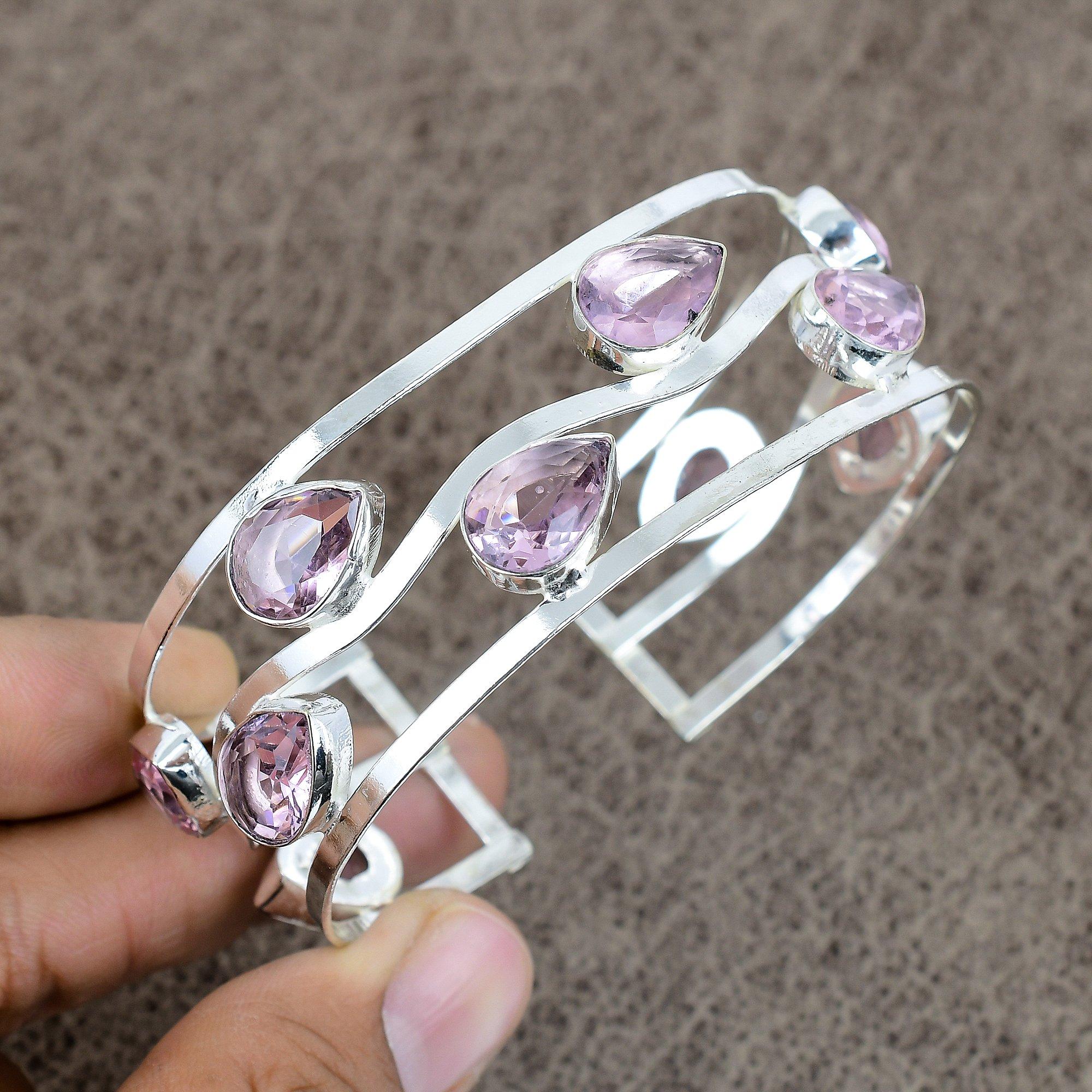 

Pink Kunzite Gemstone Handmade 925 Sterling Silver Cuff Bangle Adjustable KKG-198