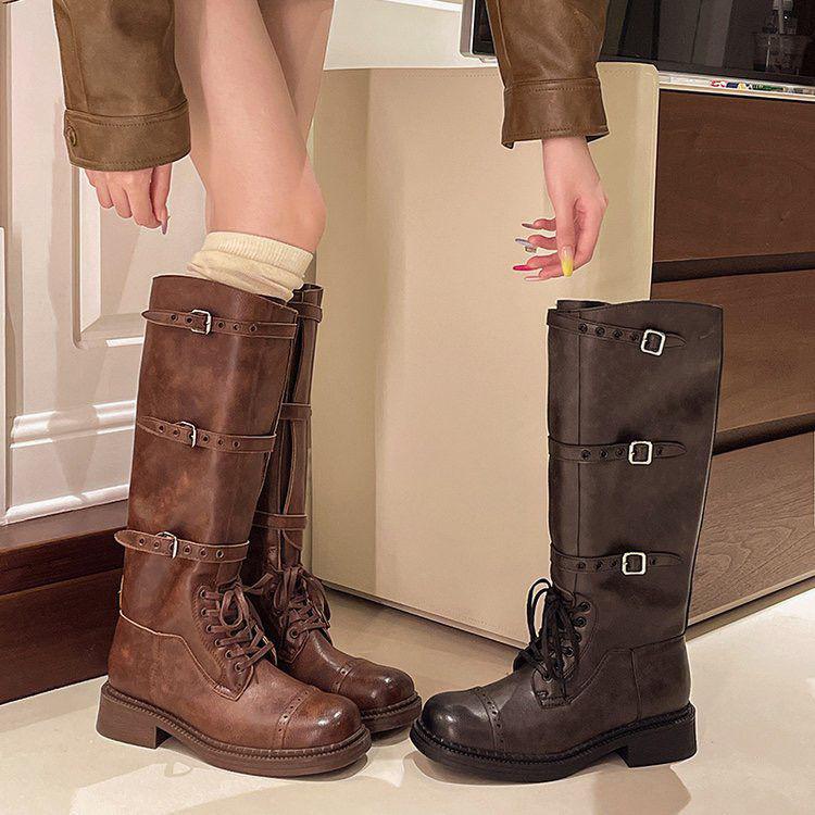 2025 Women's Retro Over-the-Knee High-Top Boots, Versatile Autumn/Winter In Paris Gray & Dark Brown