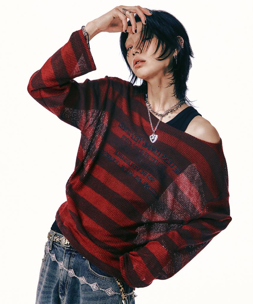 LANARCHIVE [0058] Lettering Stripe Knit (Red)