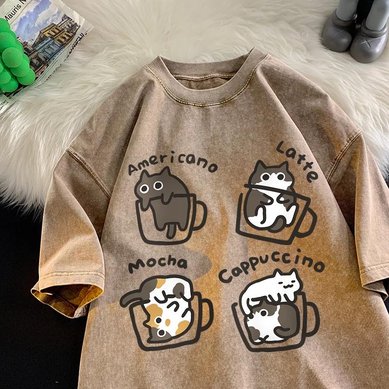 Cat coffee stylish summer loose short-sleeved Men's and Women's coffee cat old-fashioned washed fun Cat T-shirt