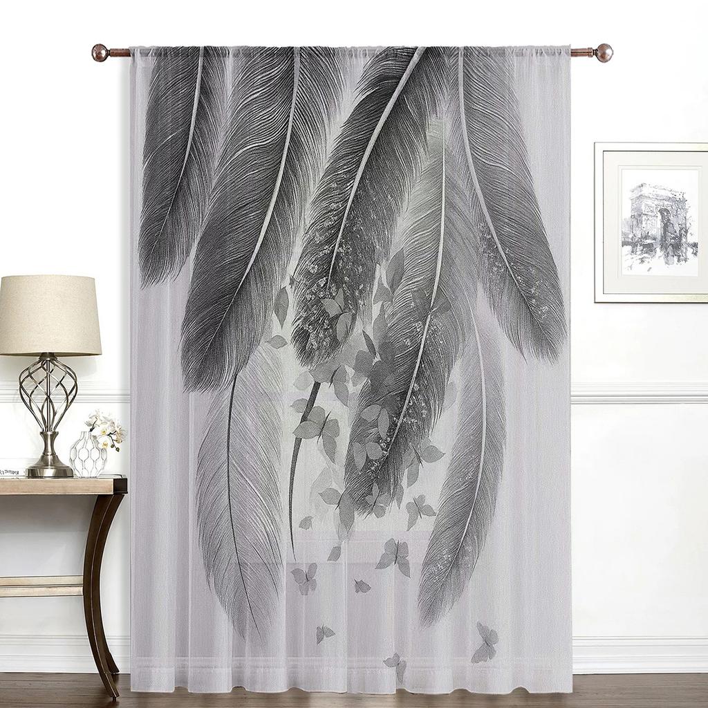 Black White Feather Pattern Curtains Minimalist Window Drapes Living Room Bedroom Home Decor Modern Light Filtering Polyester Sitting Treatment