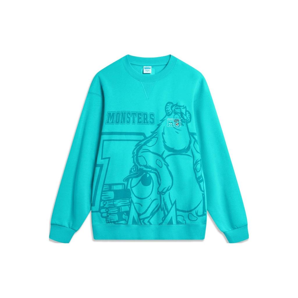Li Ning X Disney Collaboration FW23 Letter Cartoon Print Fleece Warm Loose Pullover Sweatshirt Unisex Sweatshirt Ice-Porcelain-Green AWDT813-4