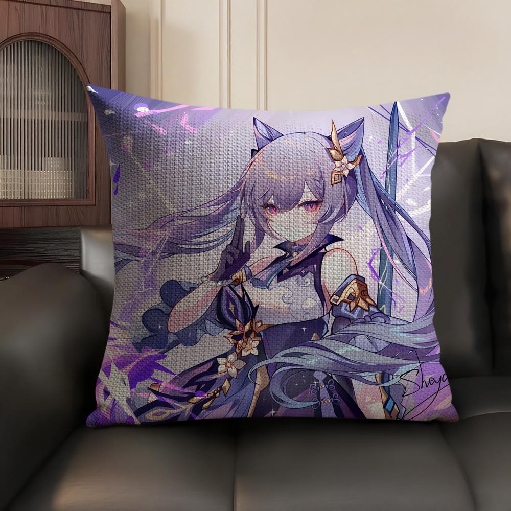 Keqing Genshin Impact Cushion Cover Natural Linen Organic Fabric Double-Sided Printing Sofa Home Decor Gift Pillow Case