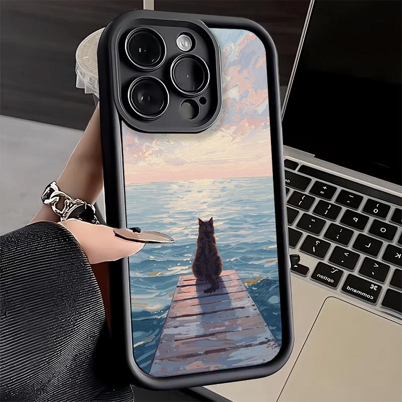 Phone Case for iPhone 17 Air 16E 15 16 Pro Max Black Cat Aesthetic Pattern Cover 14 Plus 13 12 Mini Soft Shell Silicone Fundas