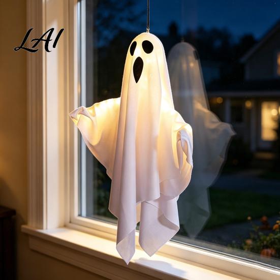 Durable Ghost Hanging Prop Halloween Glowing Decor Fabric Light Up Ornament for Window Reusable Pendant Door Spooky Yard Patio Decoration