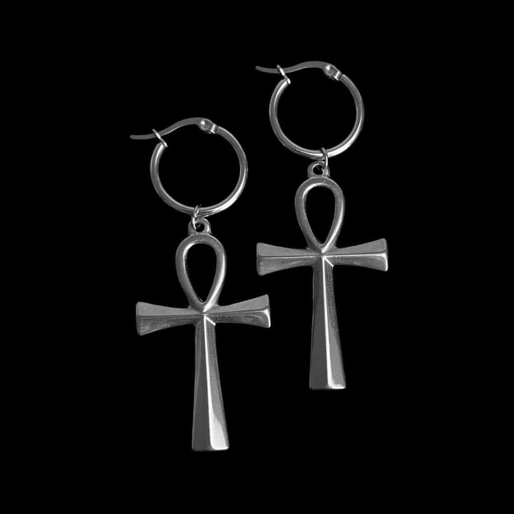 Gothic Sliver Color Ancient Egyptian Cross Pendant Hoop Earrings Necklace for Women Halloween Party Witch Amulet Jewelry Sets