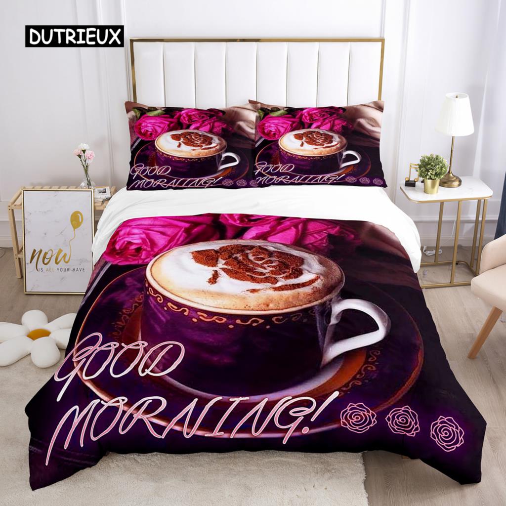 Good Morning Duvet Cover Set Microfiber Coffee Rose Cozy Breakfast Twin Bedding Set Double Queen King Size 2/3pcs Quilt Cover