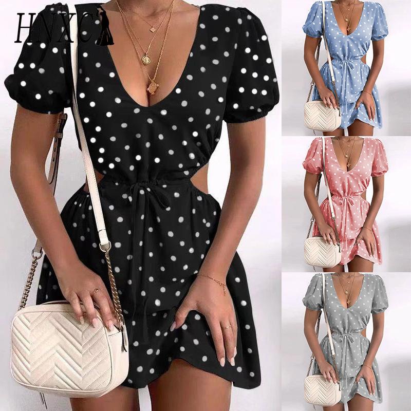 

HNXC Women s Soft Polka Dot Hollow Out Waist Date Dress XXXL сірий