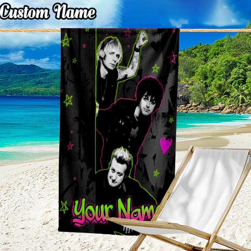 Custom Name Green Day Music Beach Towel - Soft, Ultra-Absorbent Microfiber, Lightweight, Perfect for Beach, Parties, Travel, Camping