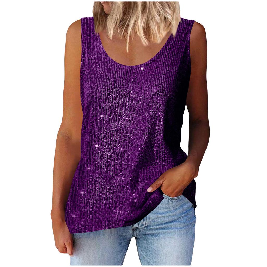 Women's Top, Commuting Sequins, Loose Fitting, Round Neck Vest, Comfortable and Casual