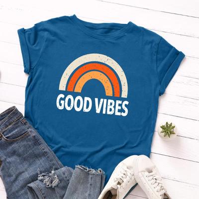 Καλοκαιρινά Γυναικεία T-Shirts από Καθαρό Βαμβάκι με Εκτύπωση Rainbow GOOD VIBES, Φαρδιά, με Στρογγυλή Λαιμόκοψη και Κοντά Μανίκια Γυναικεία